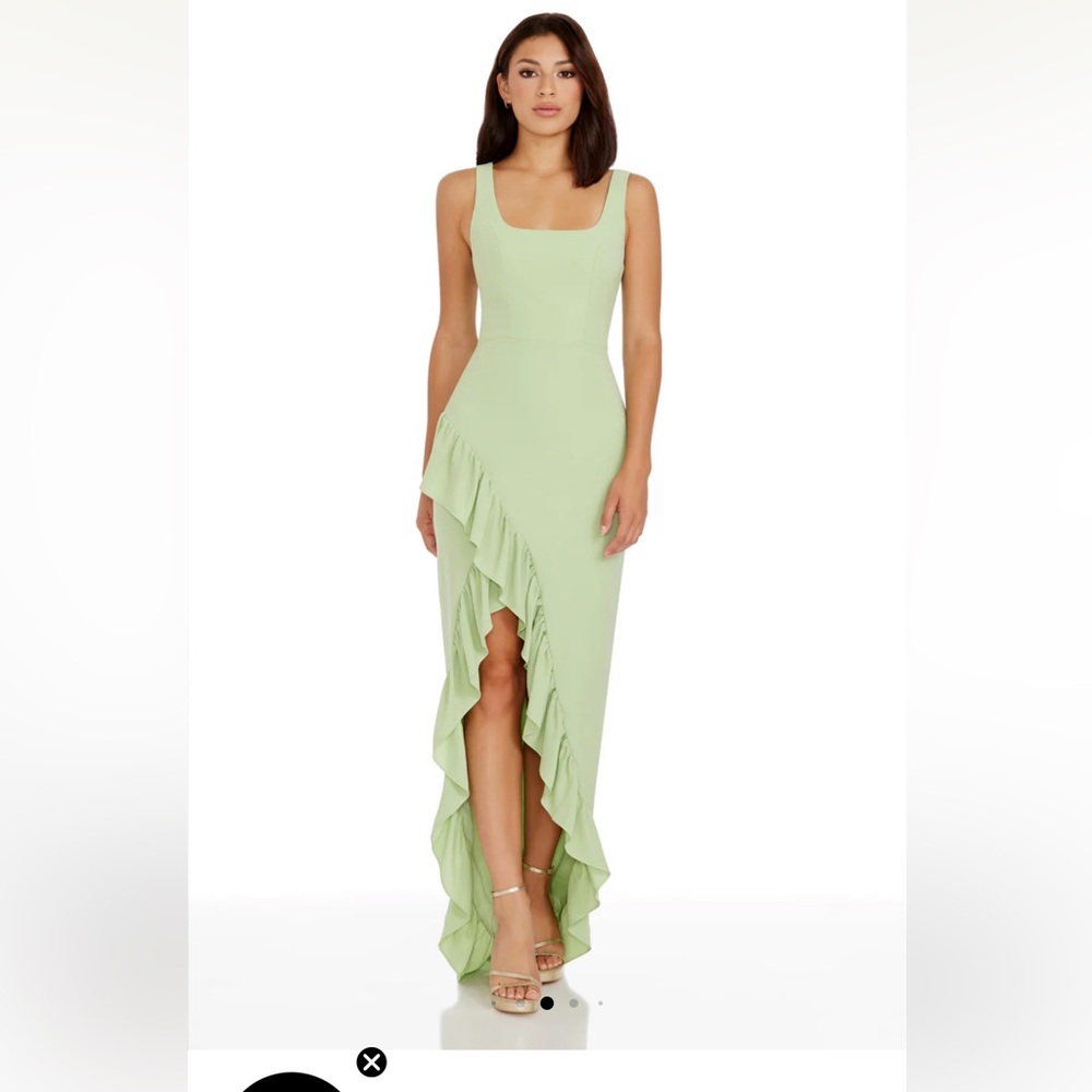 Dress the Population Charlene Square-Neck Ruffle Side-Slit Gown
